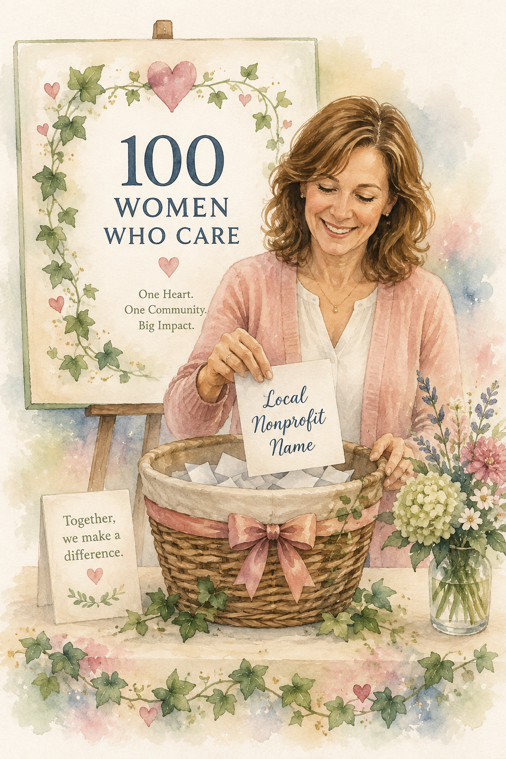 A woman is smiling and holding a card that says 'Local Nonprofit Name' at a fundraising event for women who care, with a sign in the background reading '100 Women Who Care'. There is a basket of raffle tickets in front of her and a floral arrangement on her side, all surrounded by decorative ivy and hearts.