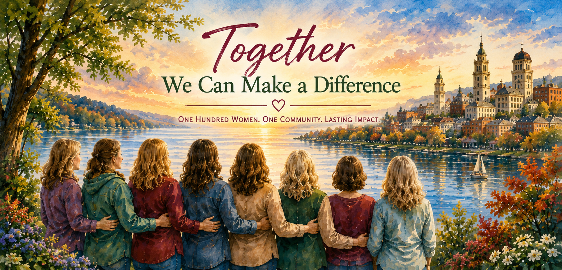 A scenic painting of a group of nine women standing by a river, holding each other, with a cityscape and a sunset in the background. The scene is surrounded by colorful trees and flowers. The text overlay reads 'Together We Can Make a Difference' and 'One Hundred Women. One Community. Lasting Impact'.