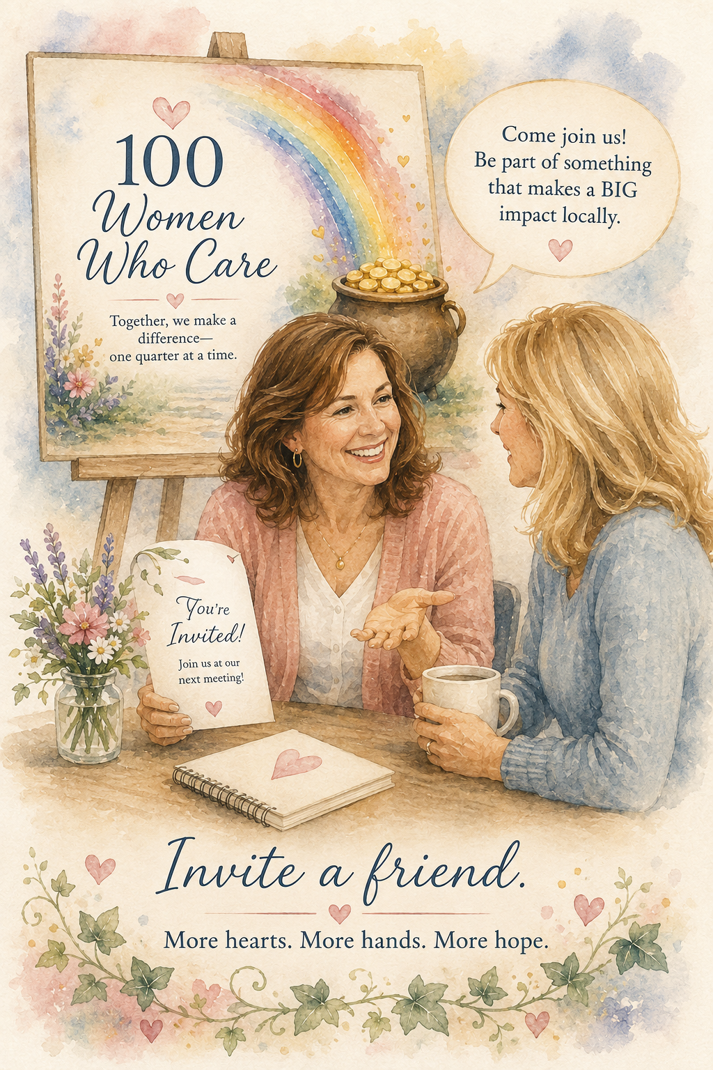 A watercolor-style illustration of two women having a friendly conversation at a table with a bouquet of flowers, a coffee mug, and a notebook with a heart on it. In the background, there's a sign that reads "100 Women Who Care" with a rainbow, hearts, and a pot of gold. A speech bubble from one woman says, "Come join us! Be part of something that makes a BIG impact locally." The woman on the left holds an invitation letter that says, "You're Invited! Join us at our next meeting!" The main text reads, "Invite a friend. More hearts. More hands. More hope." This is an inviting, community-focused promotional image.