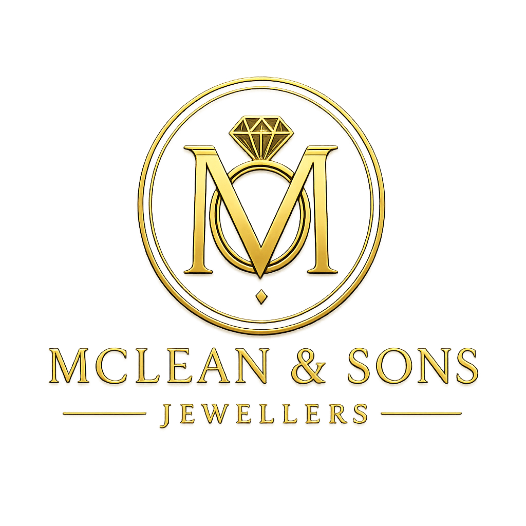 Gold logo with a diamond above the letter 'M' enclosed in a circle. The text below reads 'McLean & Sons Jewelers'.