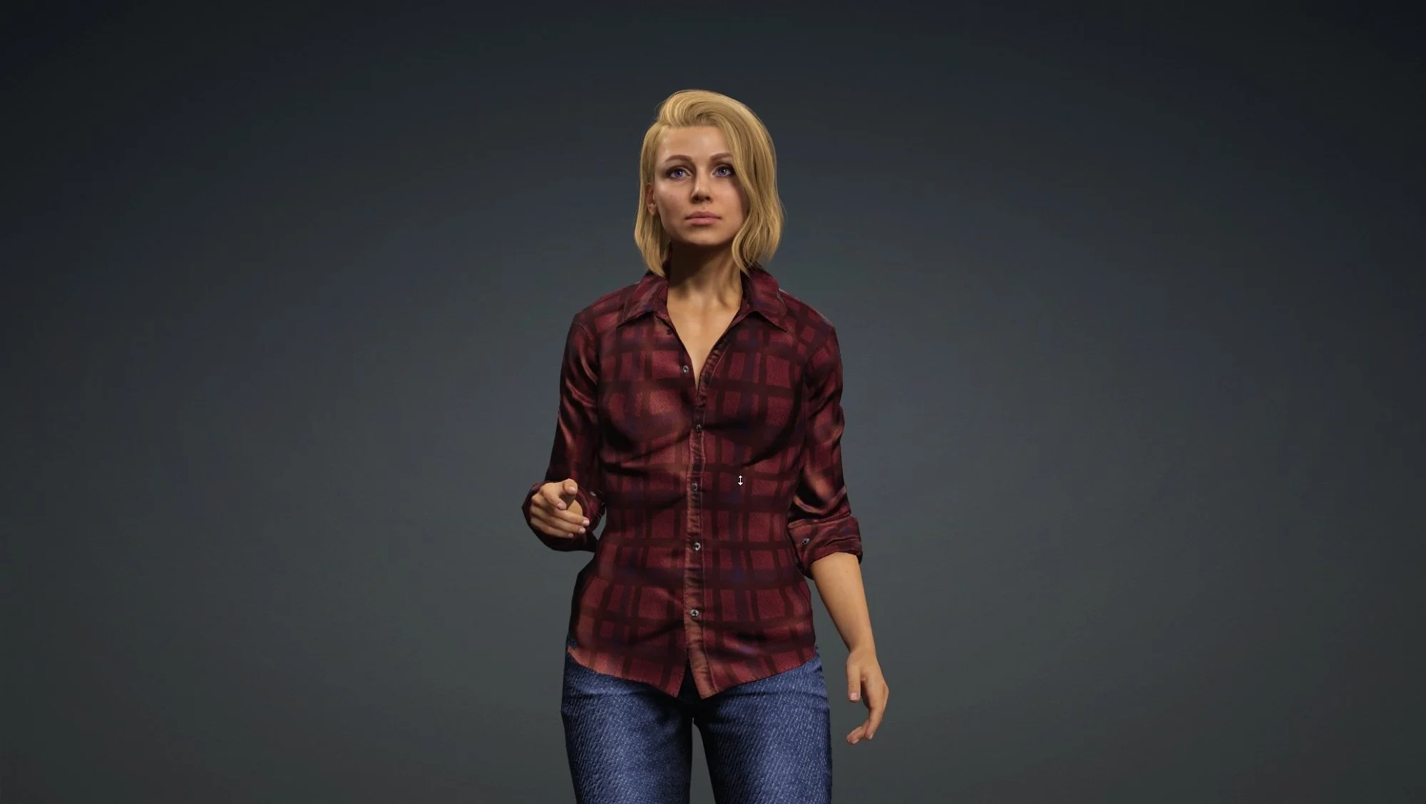 A photo of the new model wearing a red flannel and blue jeans, in a forward facing stance