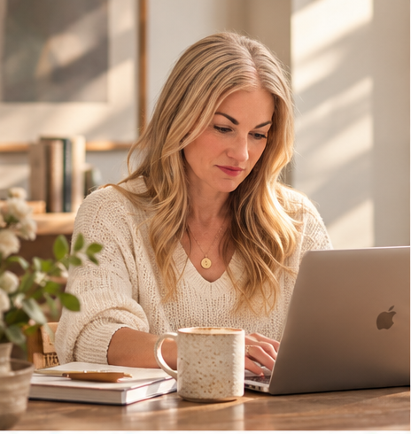 A woman with blonde hair in a cream sweater sitting at a desk using a silver laptop.