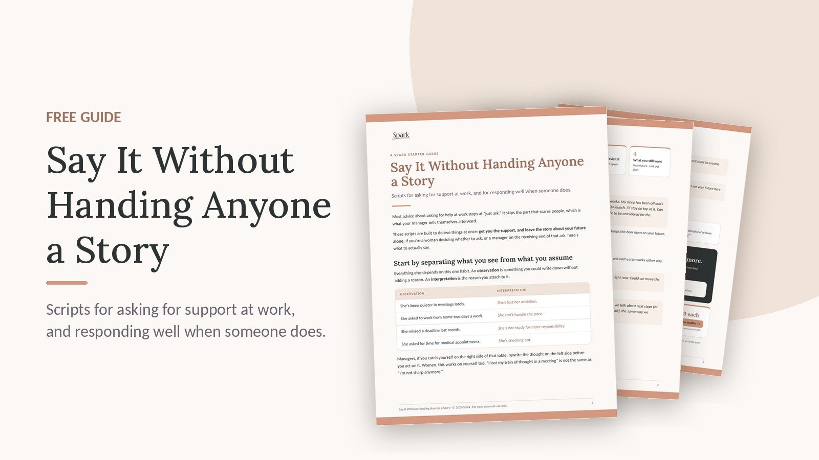 An open booklet titled "Say It Without Handing Anyone a Story," with multiple pages fanned out behind it, featuring scripts and guidance for requesting support at work