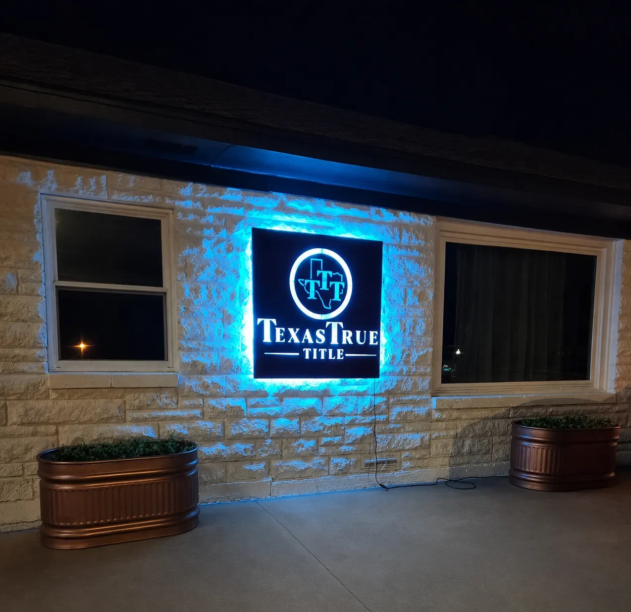 Texas True Title Sign at Night Gatesville, Texas