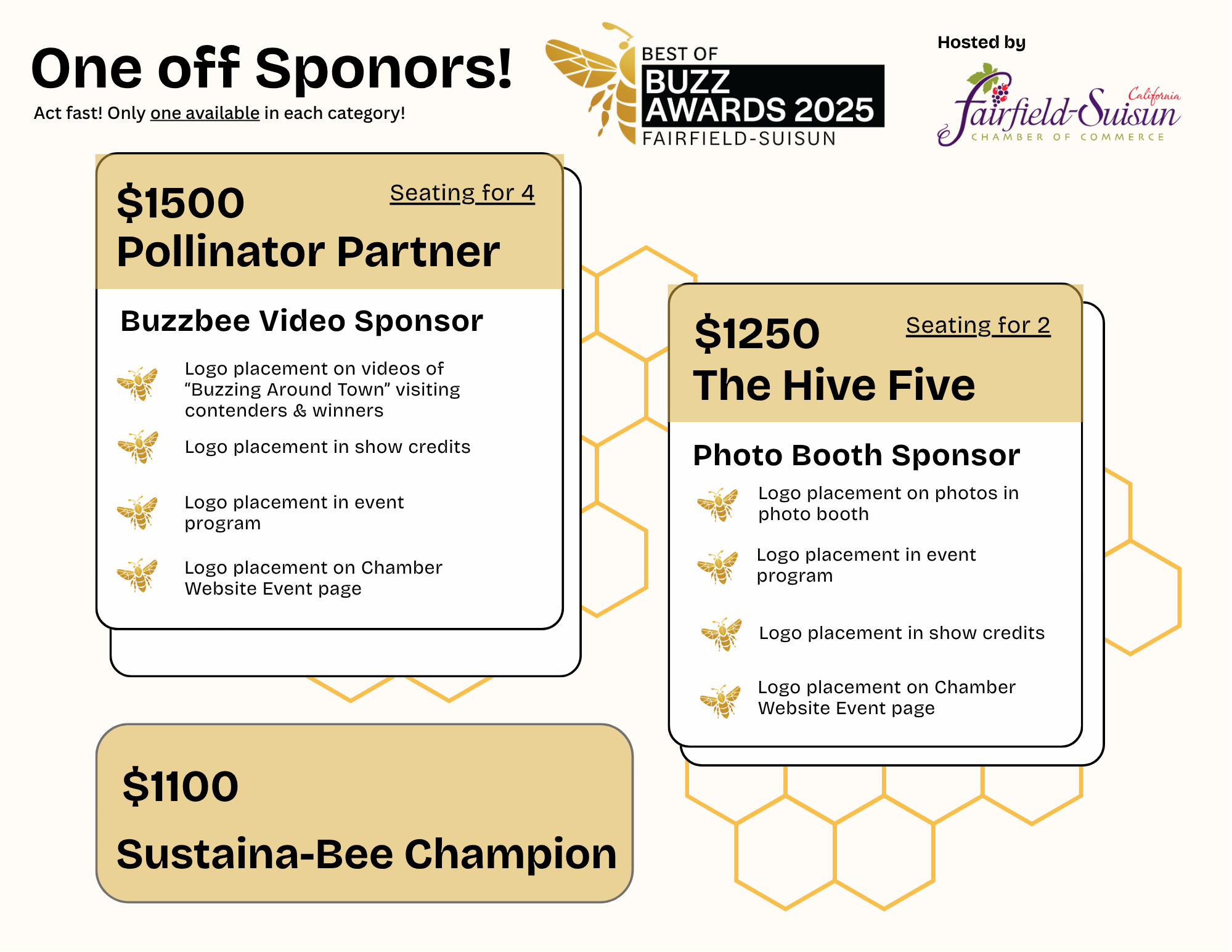 Event sponsorship display for the 2025 Buzz Awards, Fairfield-Suisun. Two sponsorship options: Pollinator Partner for $1500 with logo placement on videos, event program, website, and at the event; and the Hive Five for $1250 with logo placement on photos, event program, website, and at the event. The display includes logos, honeycomb graphics, and sponsor information.
