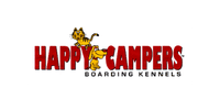 Logo for Happy Campers Boarding Kennels with a cartoon dog and bold red text.