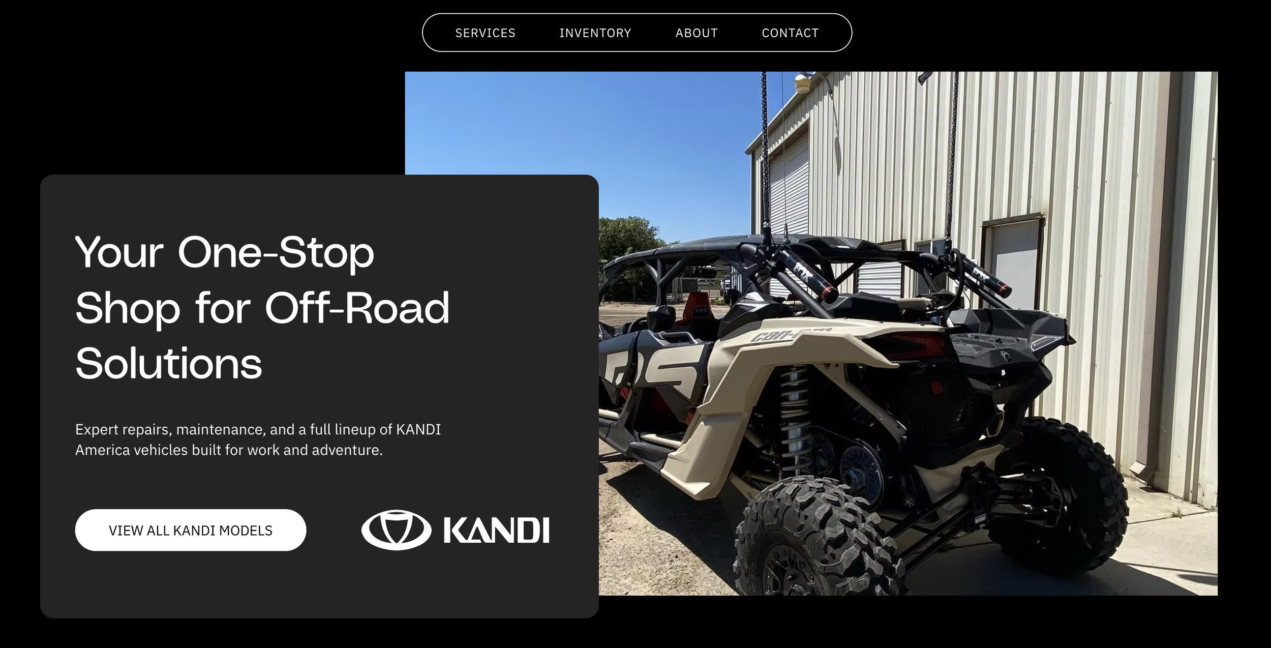 A website homepage for KANDI off-road vehicles with a photo of a white and black off-road vehicle parked outside a warehouse. The homepage features navigation options at the top, a large headline, and a call-to-action button.
