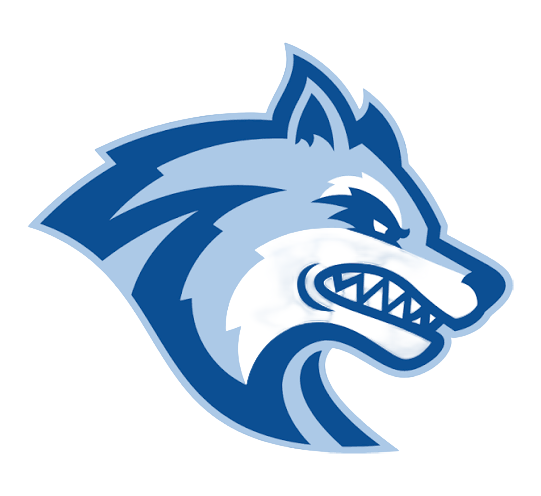 Stylized illustration of a fierce wolf head in blue and white colors.