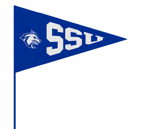 A blue pennant with the white letters 'SSU' and a wolf mascot logo, hanging against a background with red and dark-colored stripes.