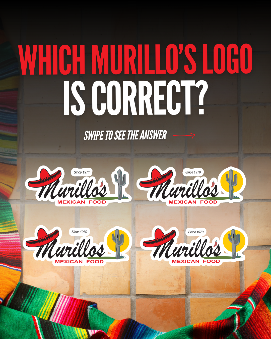 Four Murphy's Mexican Food logo stickers with red sombrero, cactus, and sun icons, on a tiled wall background, partially covered by colorful traditional woven fabric at the edges.