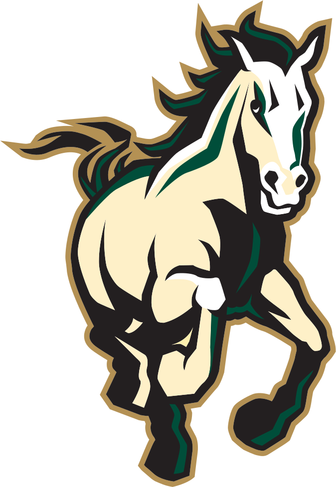 Illustration of a white and black horse with green accents and a brown outline, running forward.