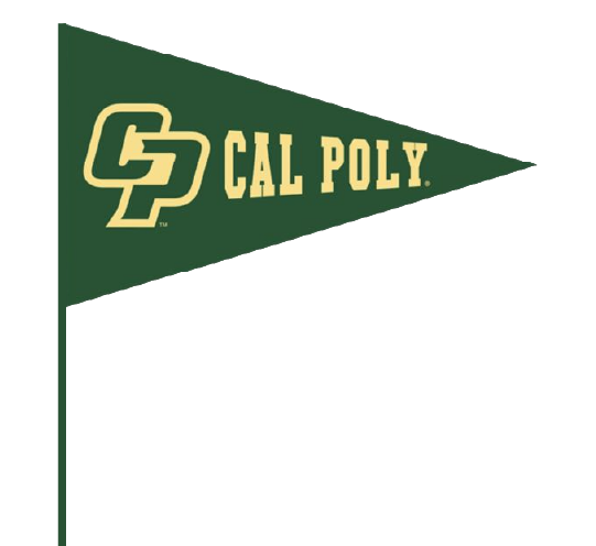 Green pennant flag with the Cal Poly logo and text in yellow.