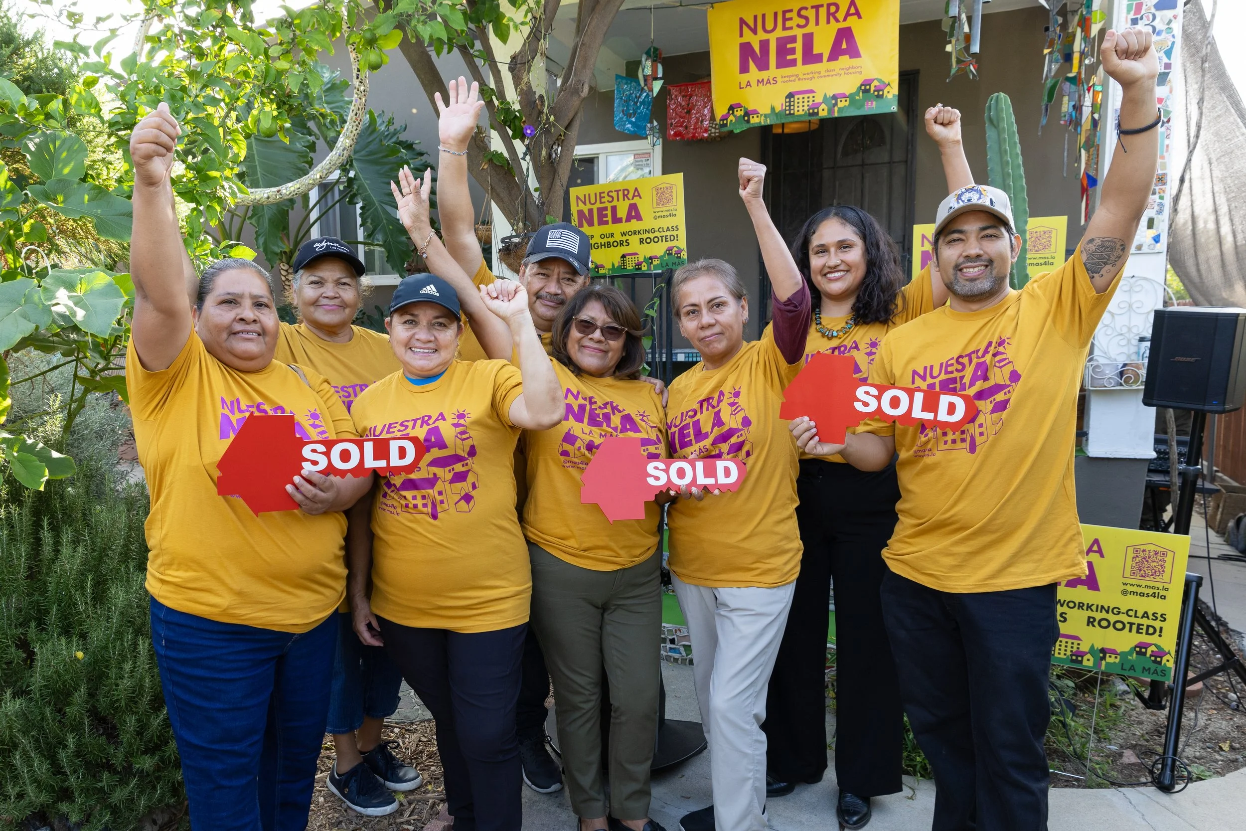 Northeast Los Angeles residents celebrate a housing acquisition with LA Más, a member of the COLA Lab’s 2026 Community-Owned Futures Cohort. Photo courtesy of LA Más.
