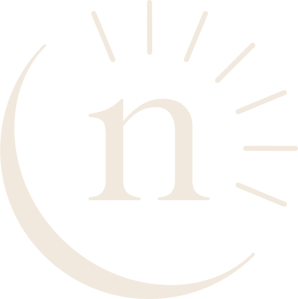 Stylized clock face with a large lowercase 'n' in the center and simple tick marks, no numbers.
