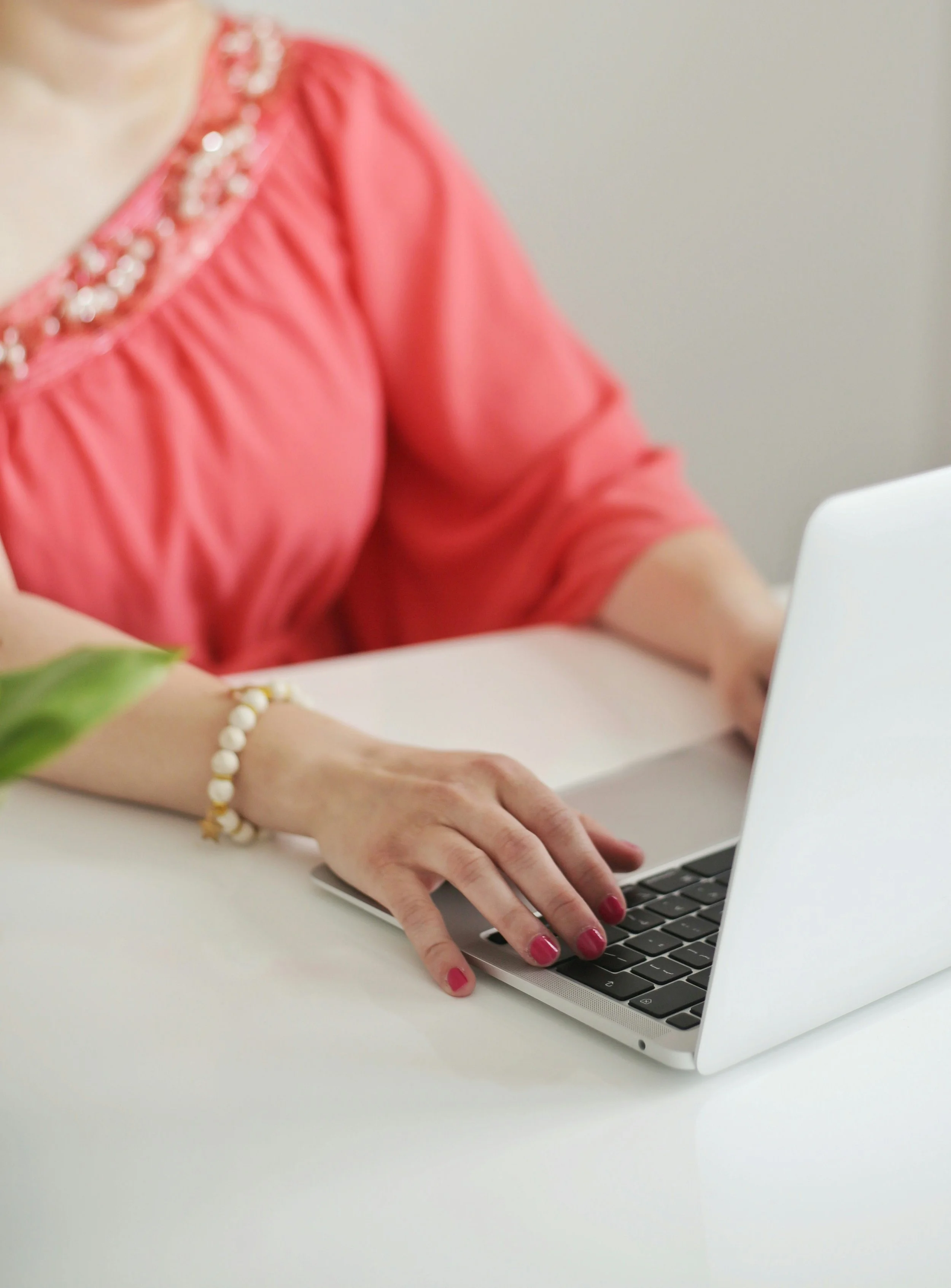 A person wearing a pink blouse with decorative detailing working on a silver laptop at a white desk, with a small green plant in the foreground.