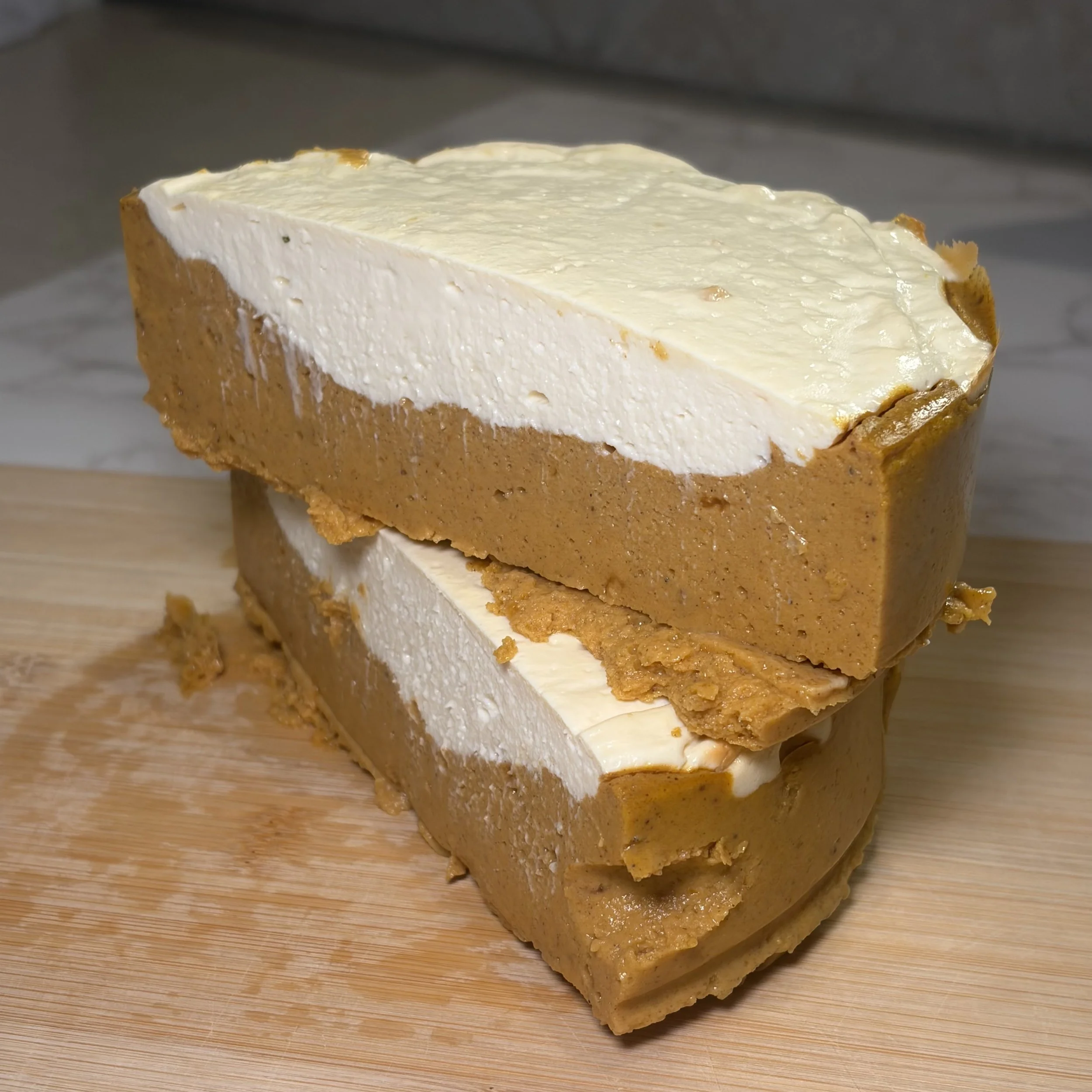High-Protein Crustless Pumpkin Pie with Cheesecake Topping (86 Calories)