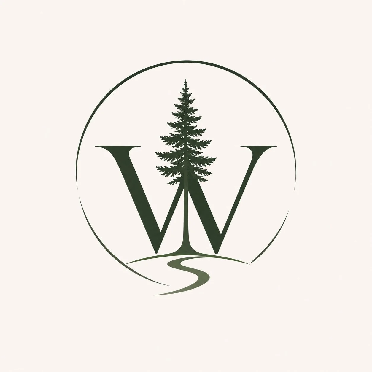 A logo with a large letter W, featuring a pine tree growing from its center, enclosed in a circle with a winding path at the bottom.