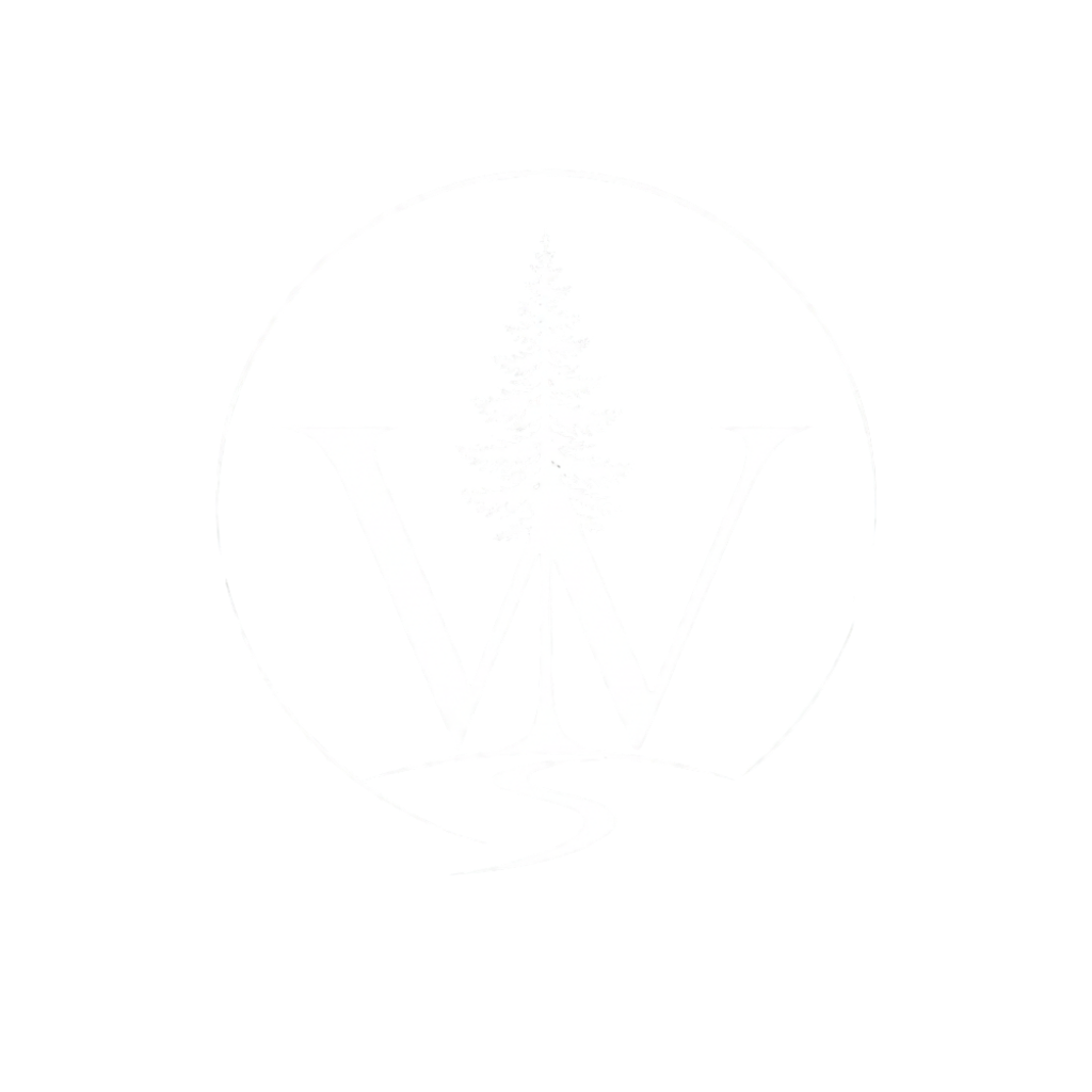 A black and white logo featuring a large 'W' with a pine tree in the center, a curved line representing a trail or river beneath the 'W', and a circular outline surrounding the design.