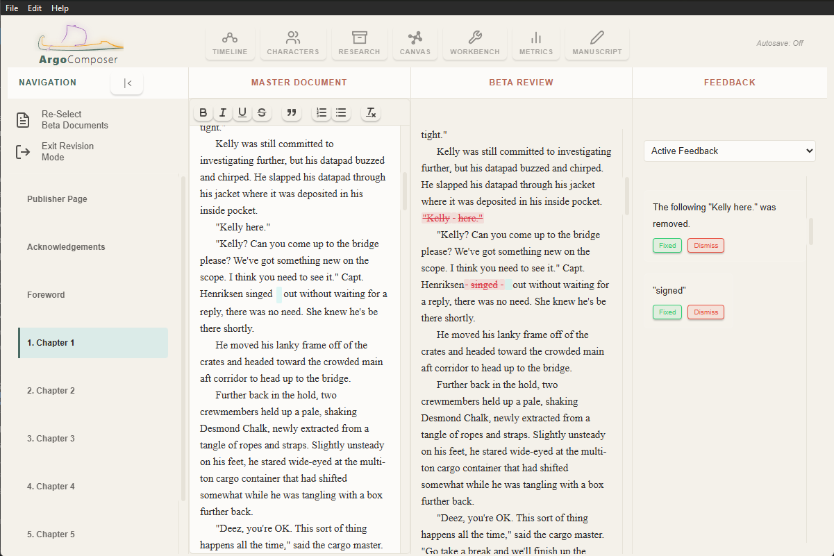Screenshot of Argo Composer software interface with text editing screen, showing two columns of text being compared, with editing options and chapter list on the left.