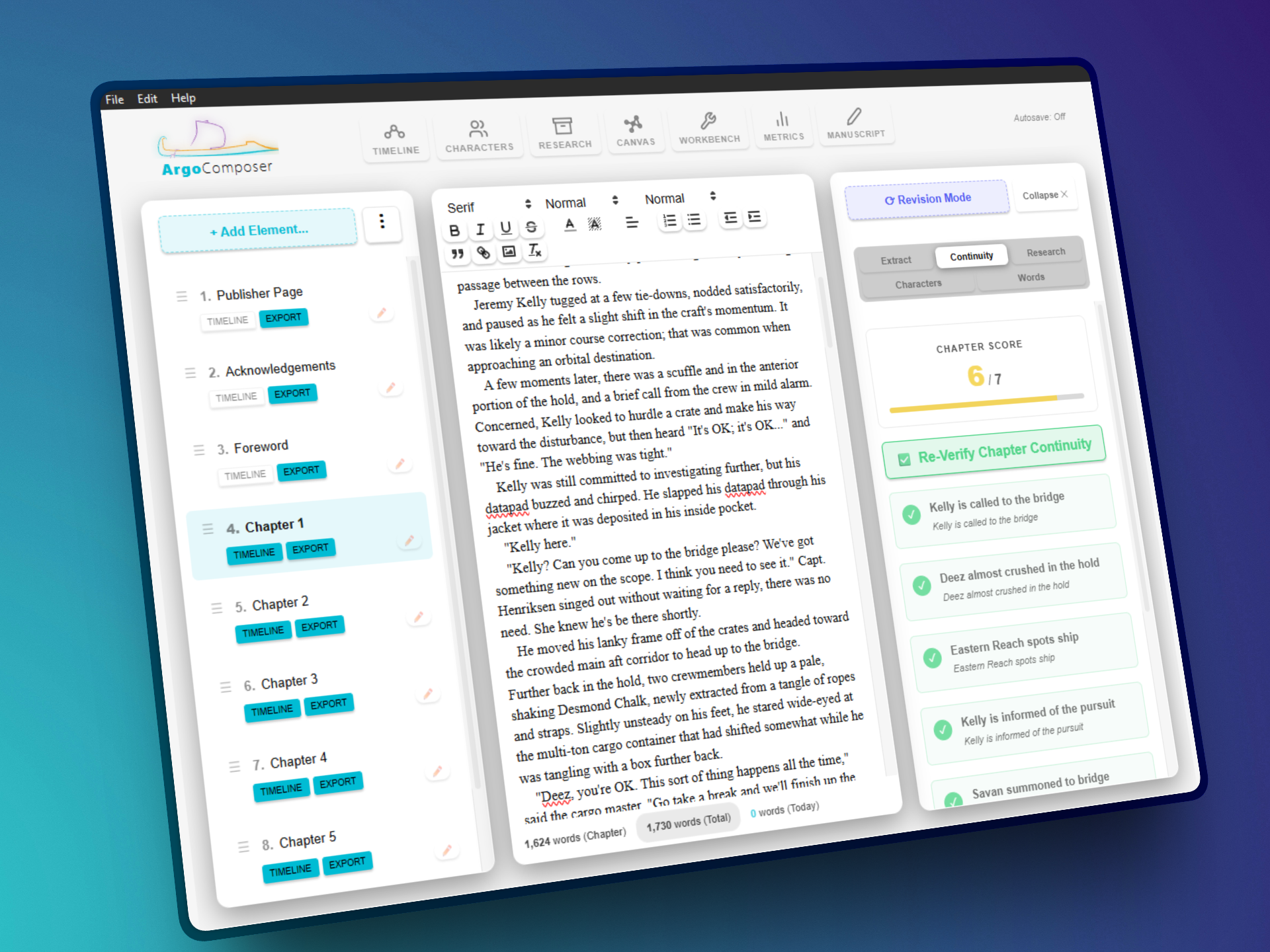 The main Manuscript editor interface of Argo Composer