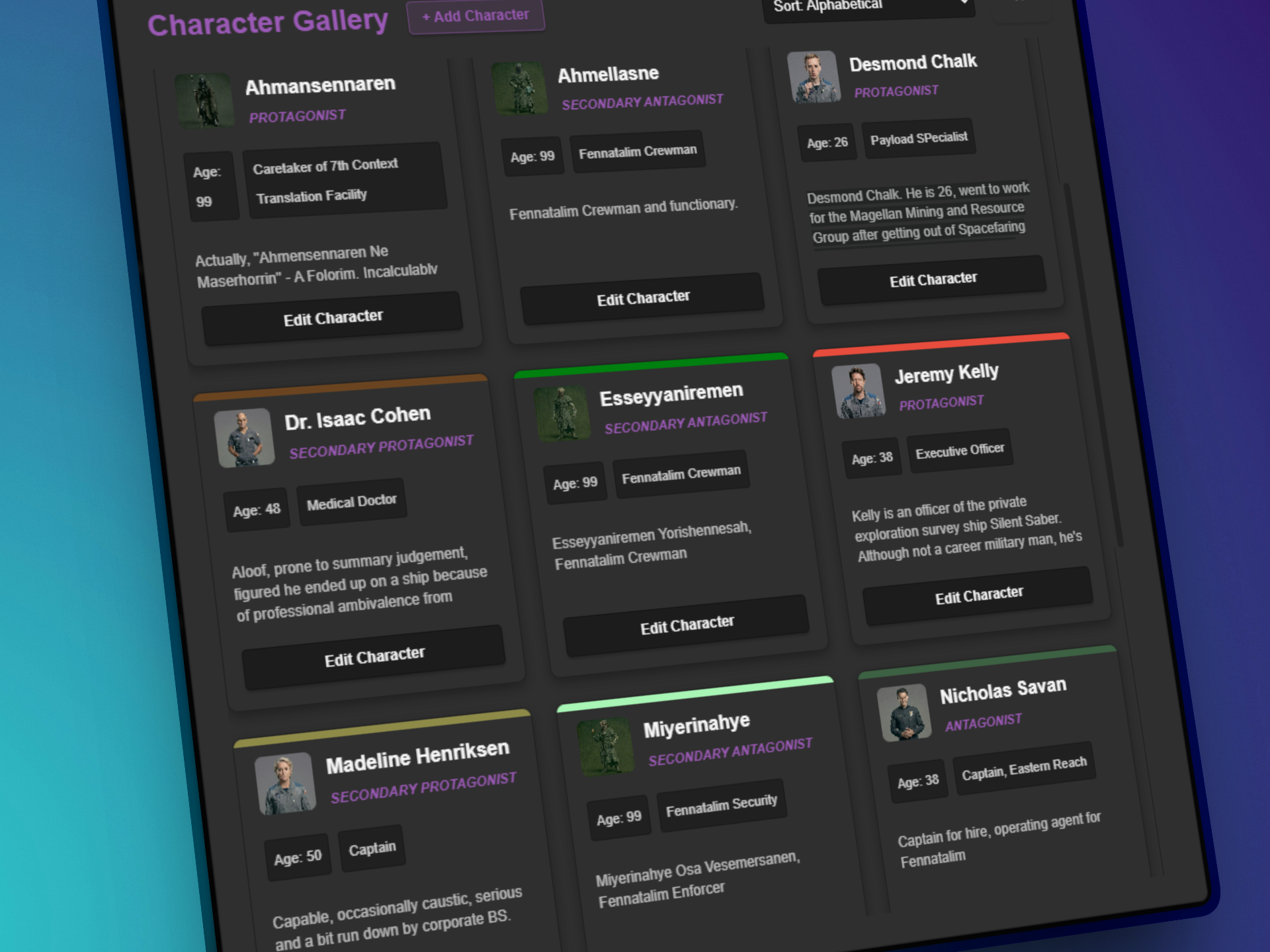 Screenshot of a character database interface with profile cards displayed for multiple characters, including their names, roles, ages, and brief descriptions.