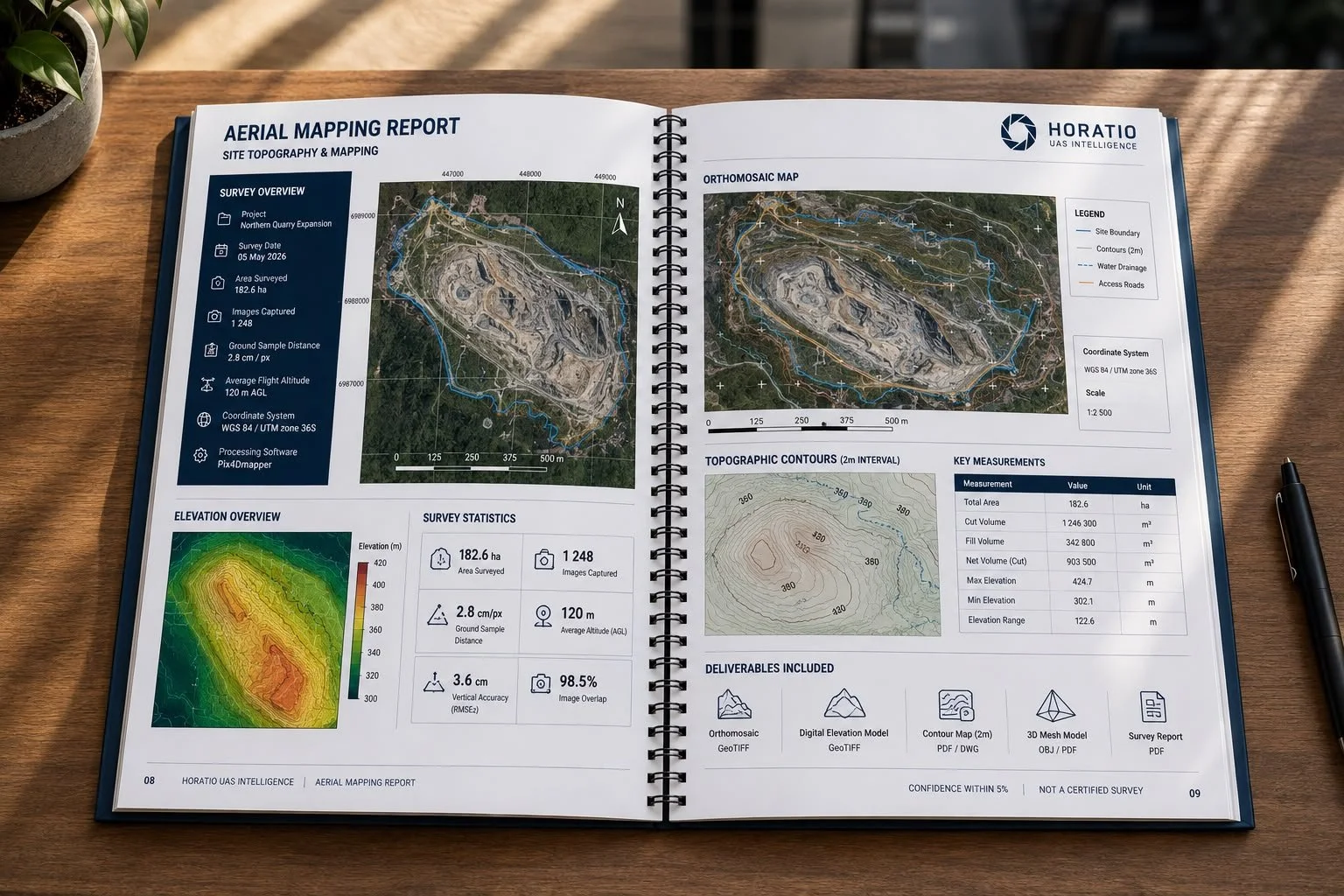 Aerial mapping report showing orthomosaic imagery, terrain models and geospatial data generated from drone surveys