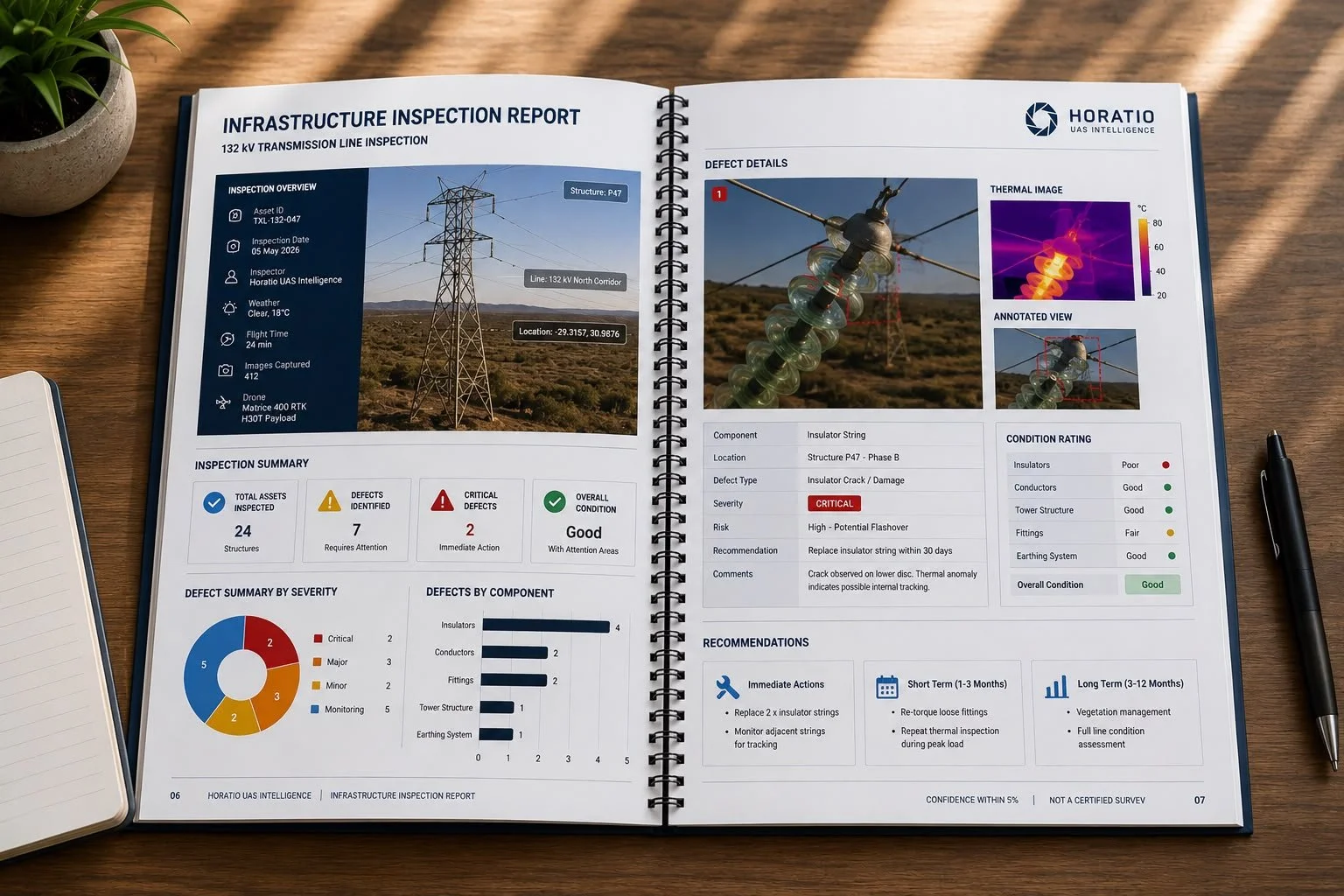 Infrastructure inspection report showing visual and thermal inspection results for power, rail and industrial assets captured using drone technology.