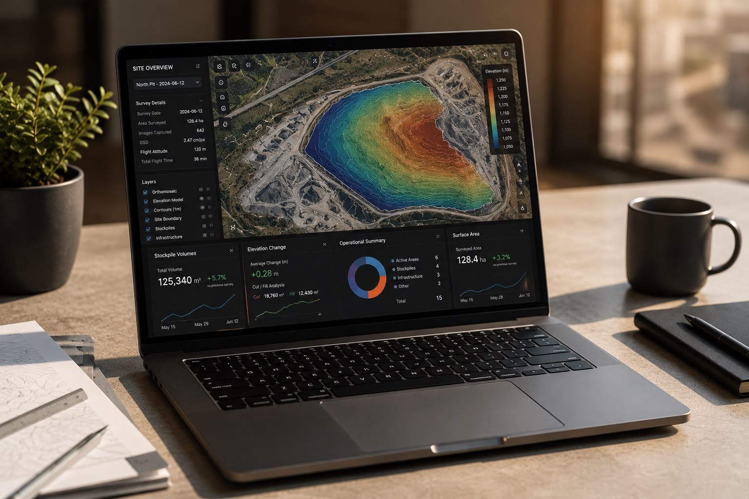 Horatio UAS Intelligence aerial survey and operational intelligence report displayed on a desk, showcasing professional drone mapping and mining reporting capabilities.