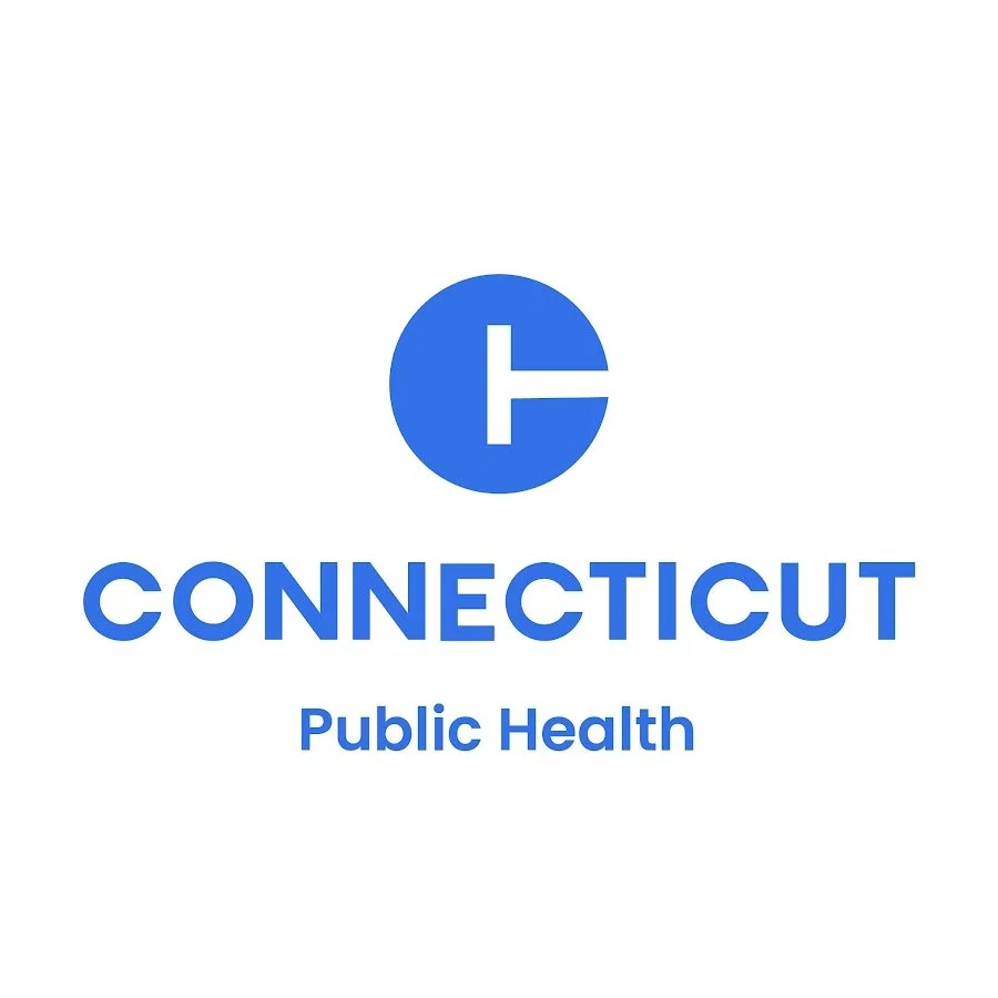 Connecticut Public Health logo with a blue circular emblem containing a white cross and a vertical line, and the words 'Connecticut' and 'Public Health' in blue text.