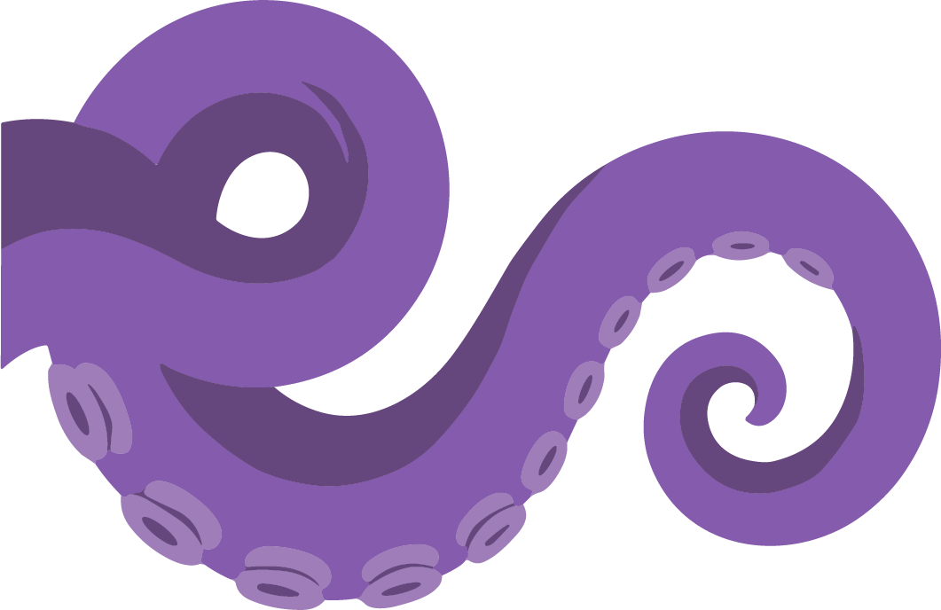A cartoon illustration of a purple octopus with curled tentacles.