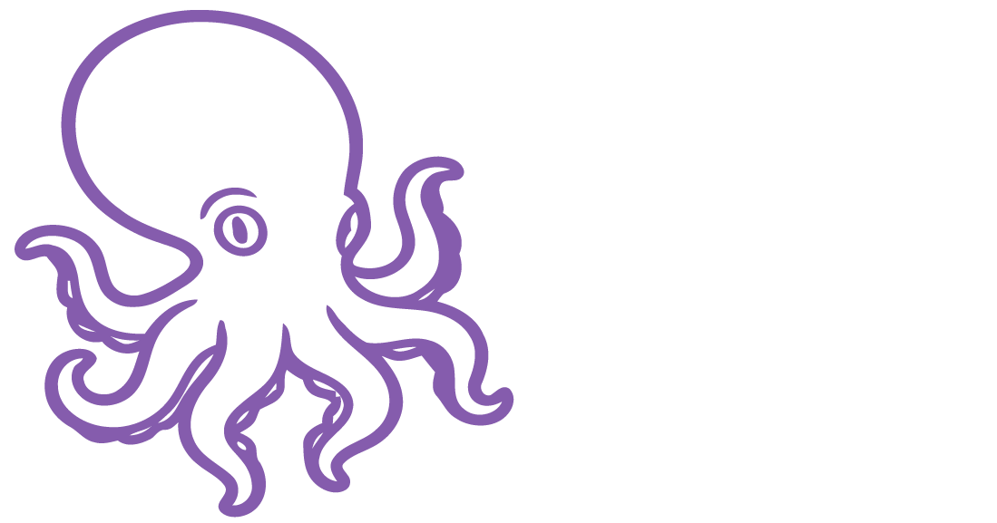 Outline drawing of an octopus in purple.