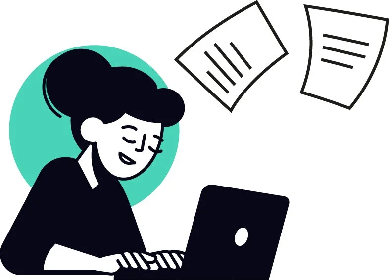 Illustration of a woman working on a laptop with papers flying in the air.