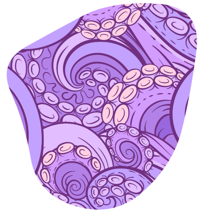 Abstract illustration of purple octopus tentacles with pink suction cups, featuring swirling and spiral patterns.