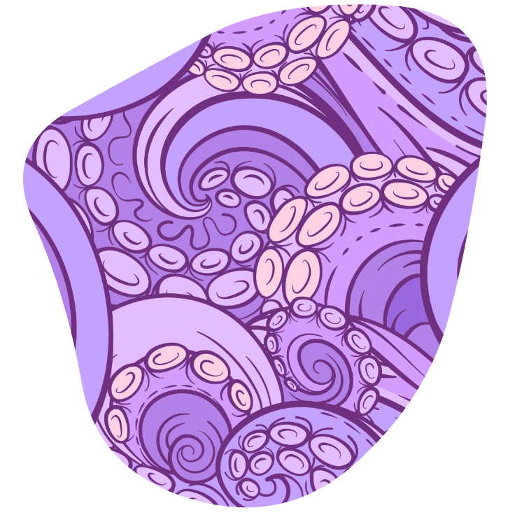 A stylized, abstract illustration of an octopus with swirling purple and pink tentacles.