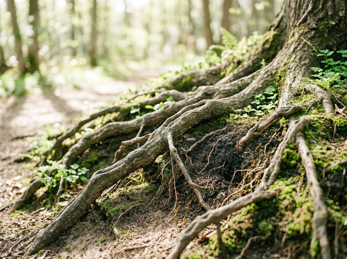 Close-up of exposed tree roots growing on a forest floor with small green plants and moss, with blurred trees in the background.