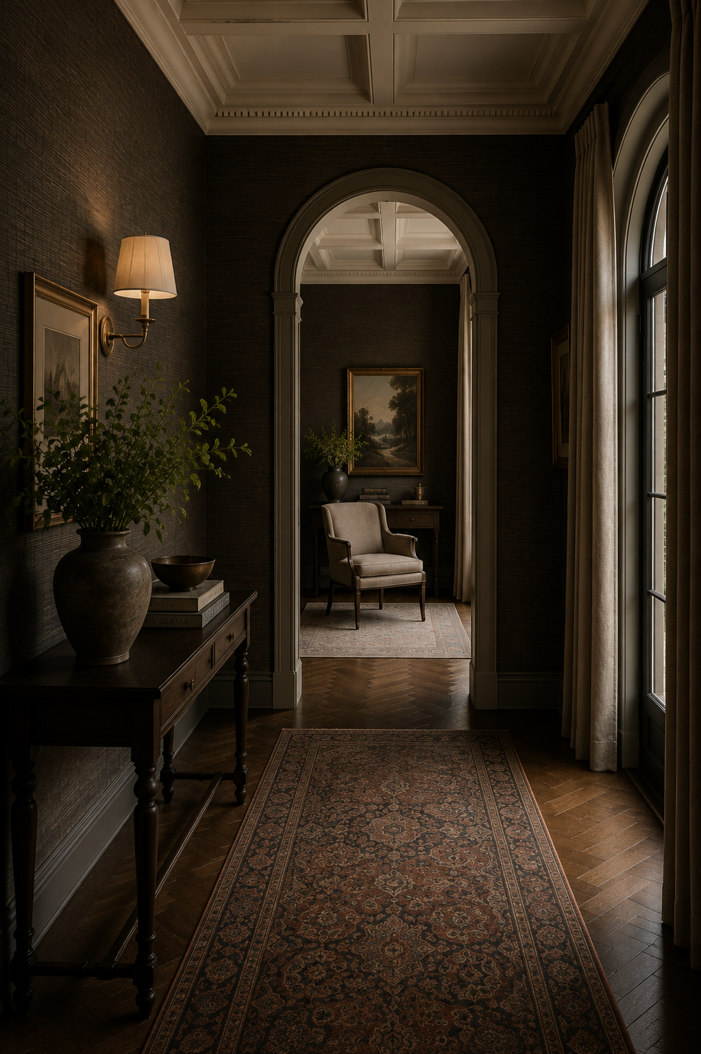 Dark paneled hallway with a patterned runner, arched doorway, and upholstered chair in the adjoining room.