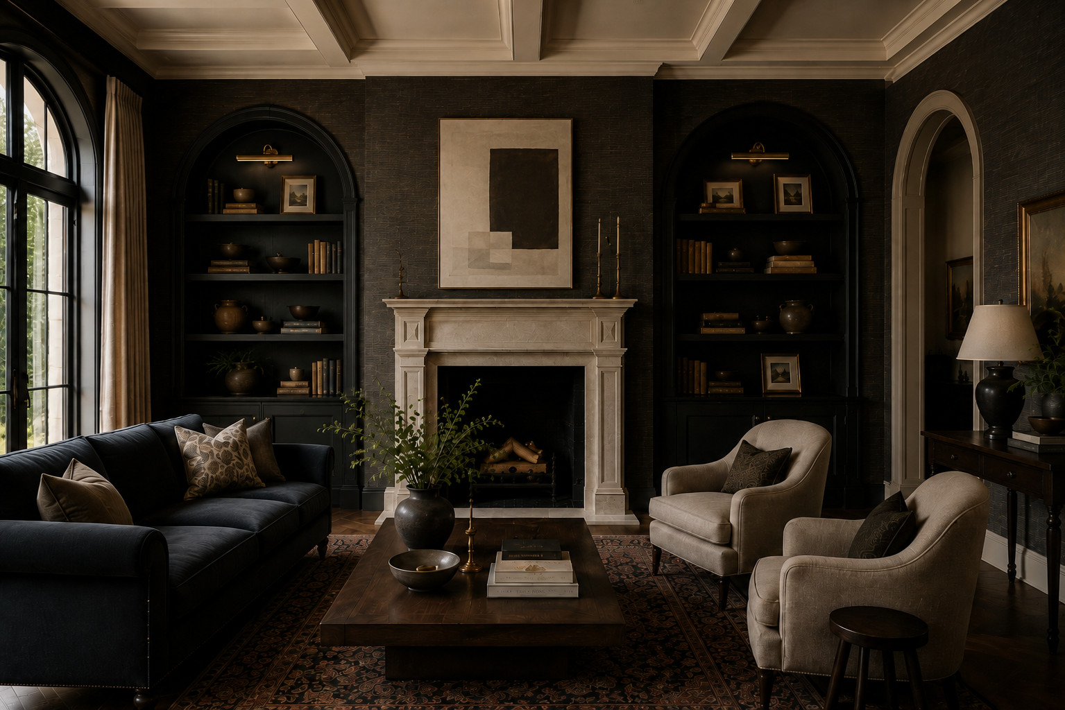 Living room with a dark sofa, upholstered armchair, wood coffee table, patterned rug, and fireplace.