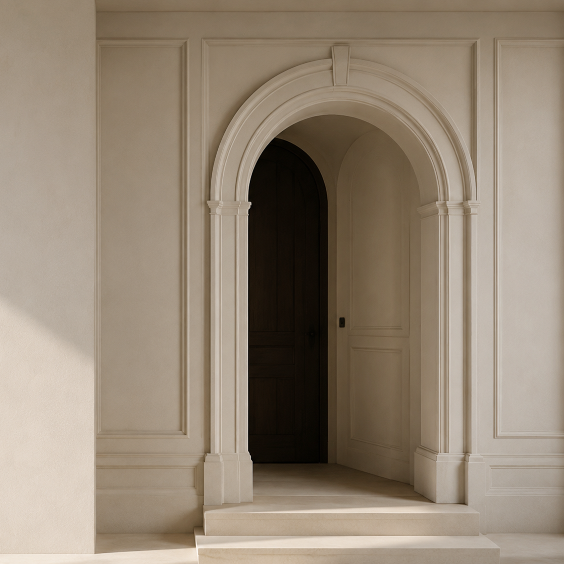 Classical arched doorway with paneled walls and architectural molding