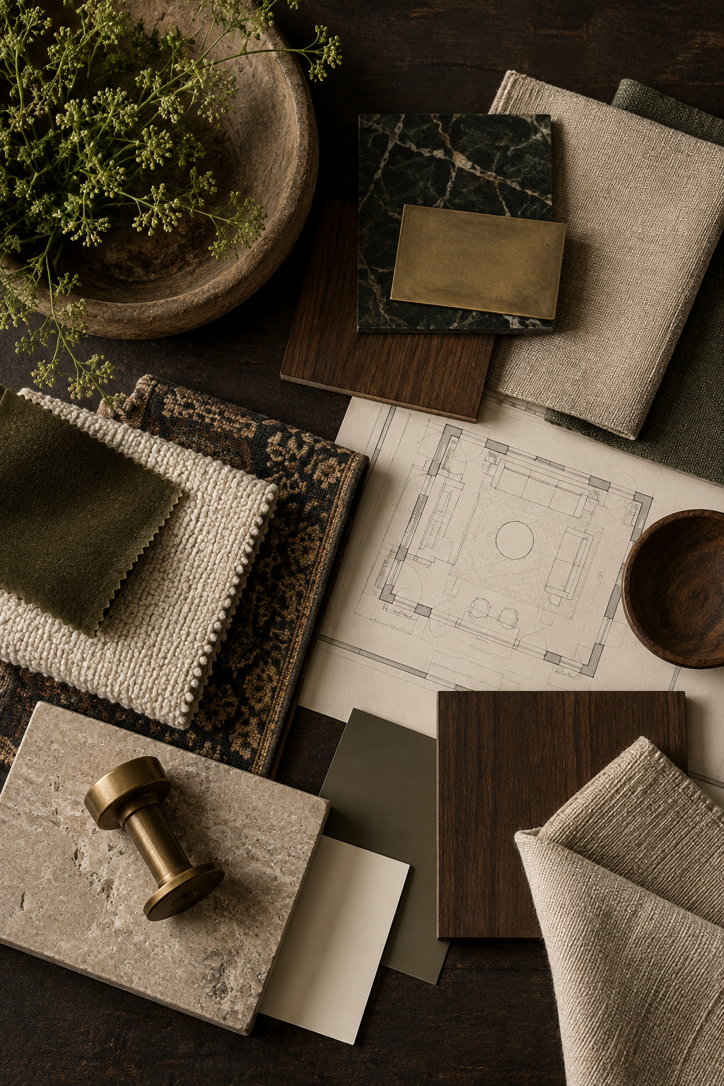 Interior design materials arranged with fabric swatches, wood and stone samples, a brass fitting, and an architectural floor plan.