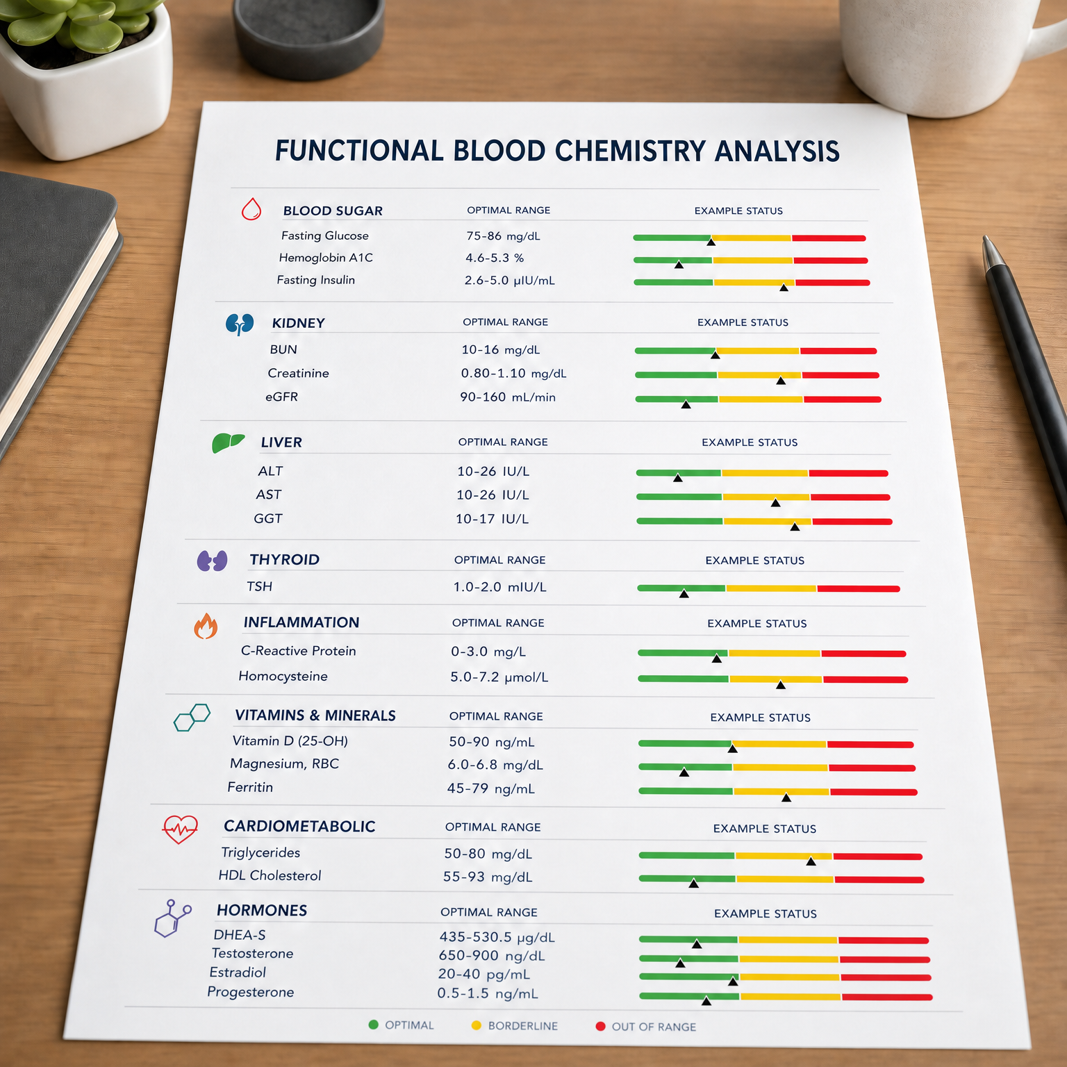 A printed sheet titled 'Functional Blood Chemistry Analysis' showing various blood test results for blood sugar, kidney, liver, thyroid, inflammation, vitamins and minerals, cardiometabolic, and hormones, with optimal ranges and example statuses marked with colored bars and triangles. Items are organized in sections with icons, including drops of blood, kidneys, leaves, quotation marks, flames, hexagons, hearts, and molecules.