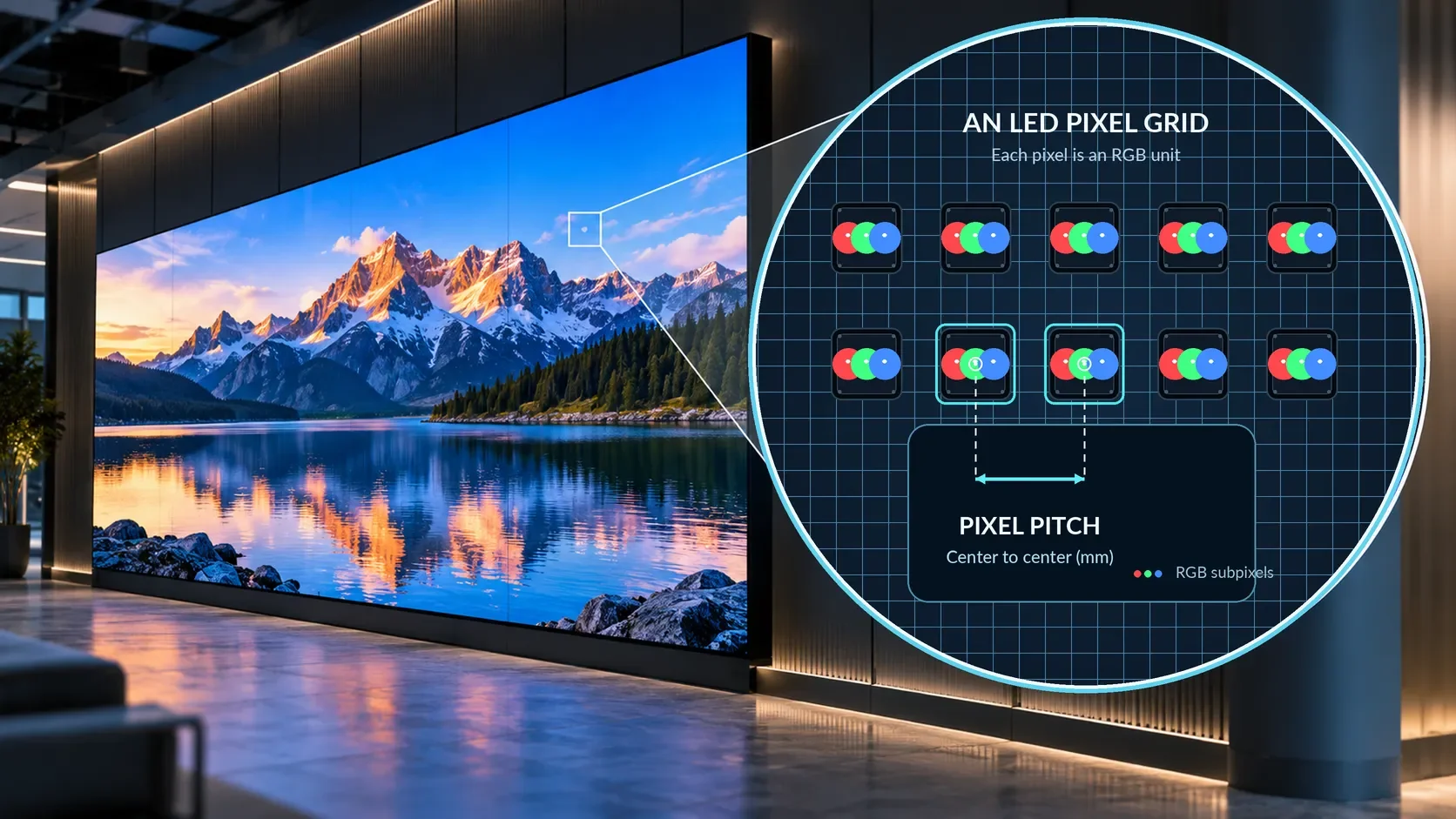 Large LED video wall with a magnified close-up of RGB pixels, illustrating how pixel pitch is measured as the center-to-center distance between adjacent pixels.
