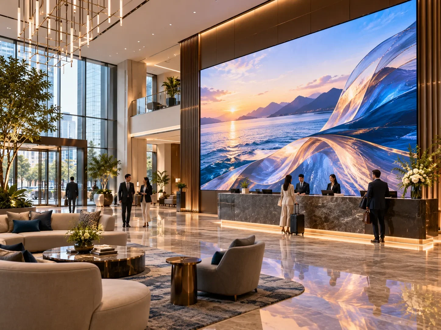 Luxury hotel lobby featuring a large seamless LED video wall displaying vibrant digital artwork behind the reception desk.