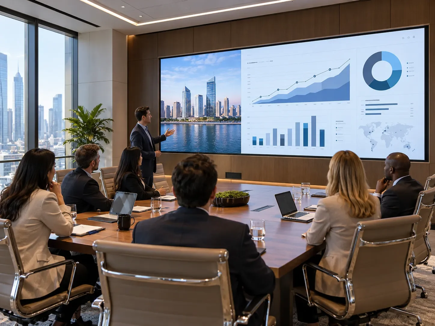 Modern corporate boardroom featuring a large fine-pitch LED video wall displaying business presentations, charts, and data visualizations.