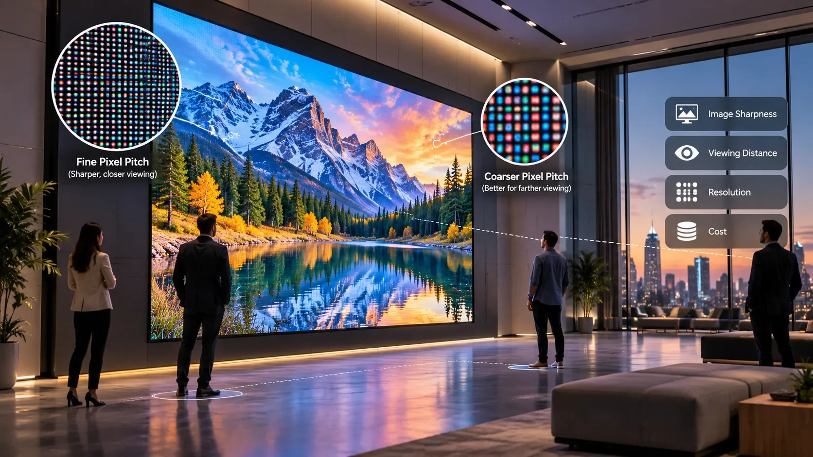 Modern showroom featuring a large LED video wall with magnified comparisons of fine and coarse pixel pitch, illustrating how pixel density affects image sharpness, viewing distance, resolution, and cost.