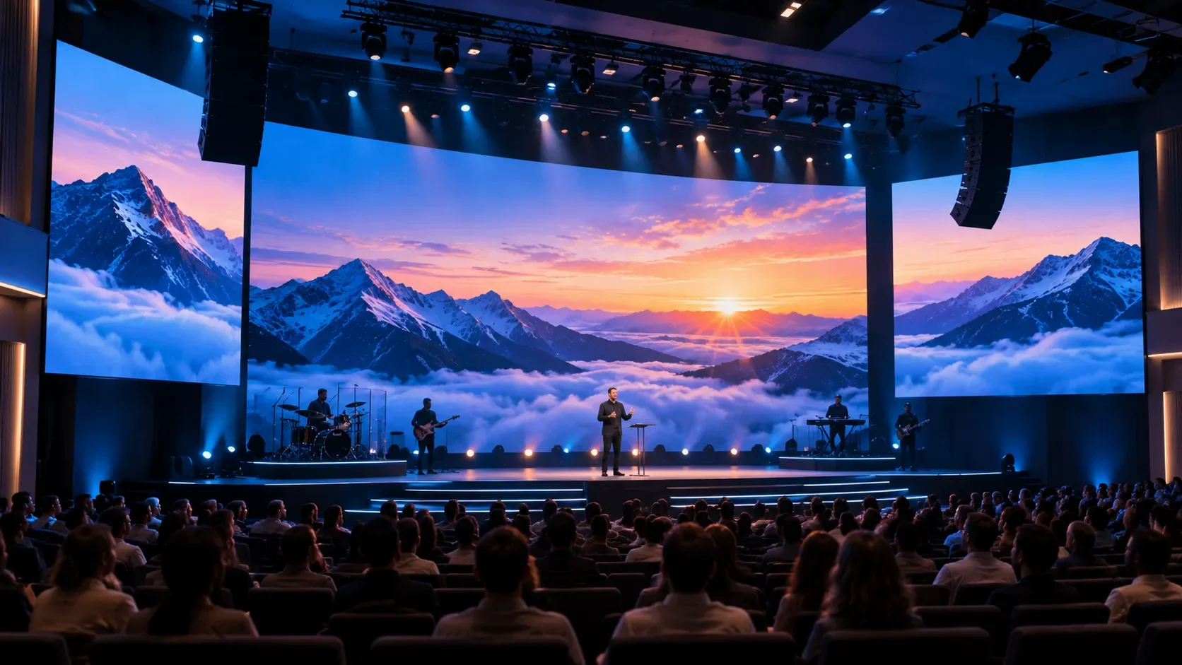 Modern auditorium featuring a large LED video wall displaying a mountain landscape, with a speaker, live musicians, stage lighting, and a seated audience.