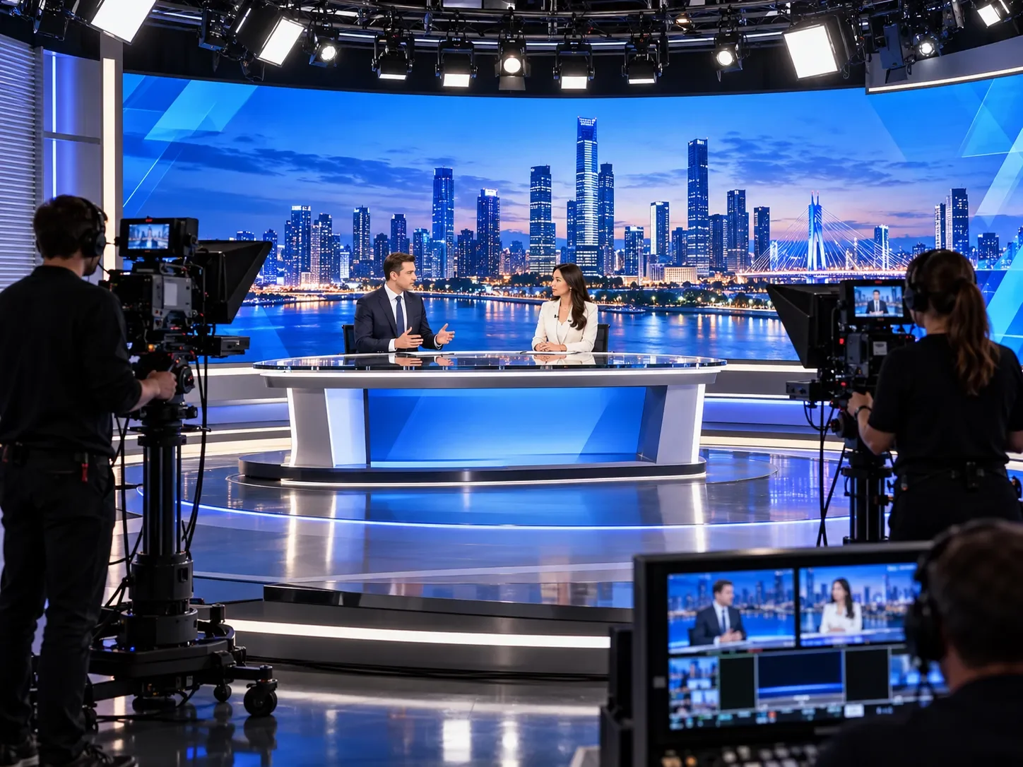Modern television broadcast studio featuring a large curved LED video wall, news anchors, professional cameras, and studio lighting equipment.
