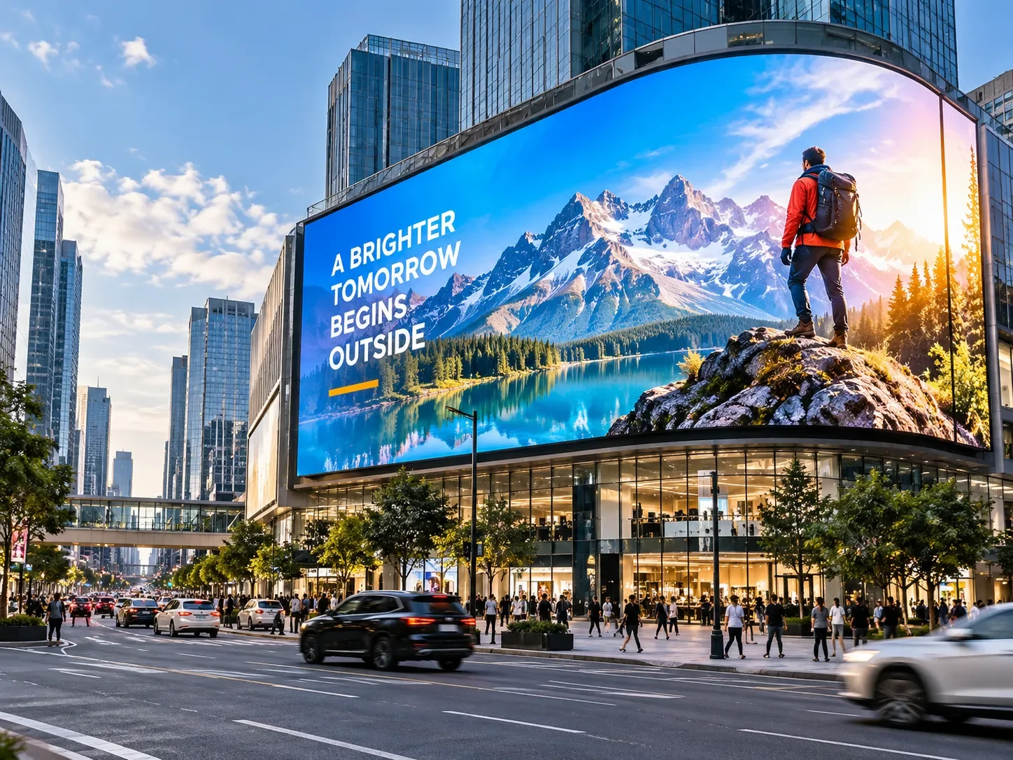 Massive curved outdoor LED video wall displaying a mountain adventure advertisement on a modern commercial building in a busy urban district.