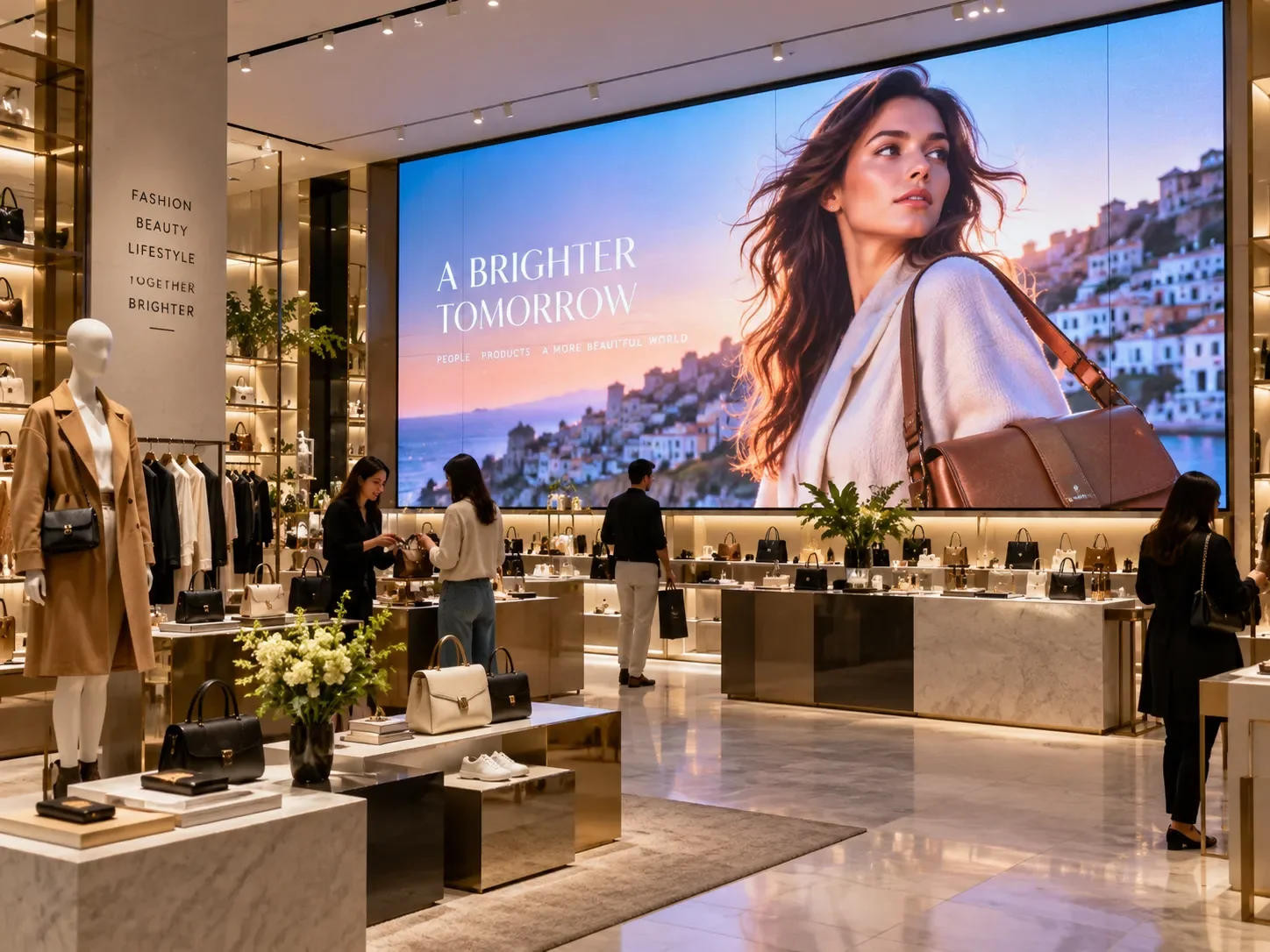 Modern luxury retail store featuring a large LED video wall displaying fashion advertising above product displays and shoppers.