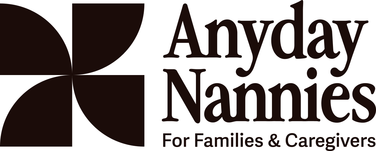 Anyday Nannies black logo with stacked text, pinwheel icon, and tagline that says "for families and caregivers"
