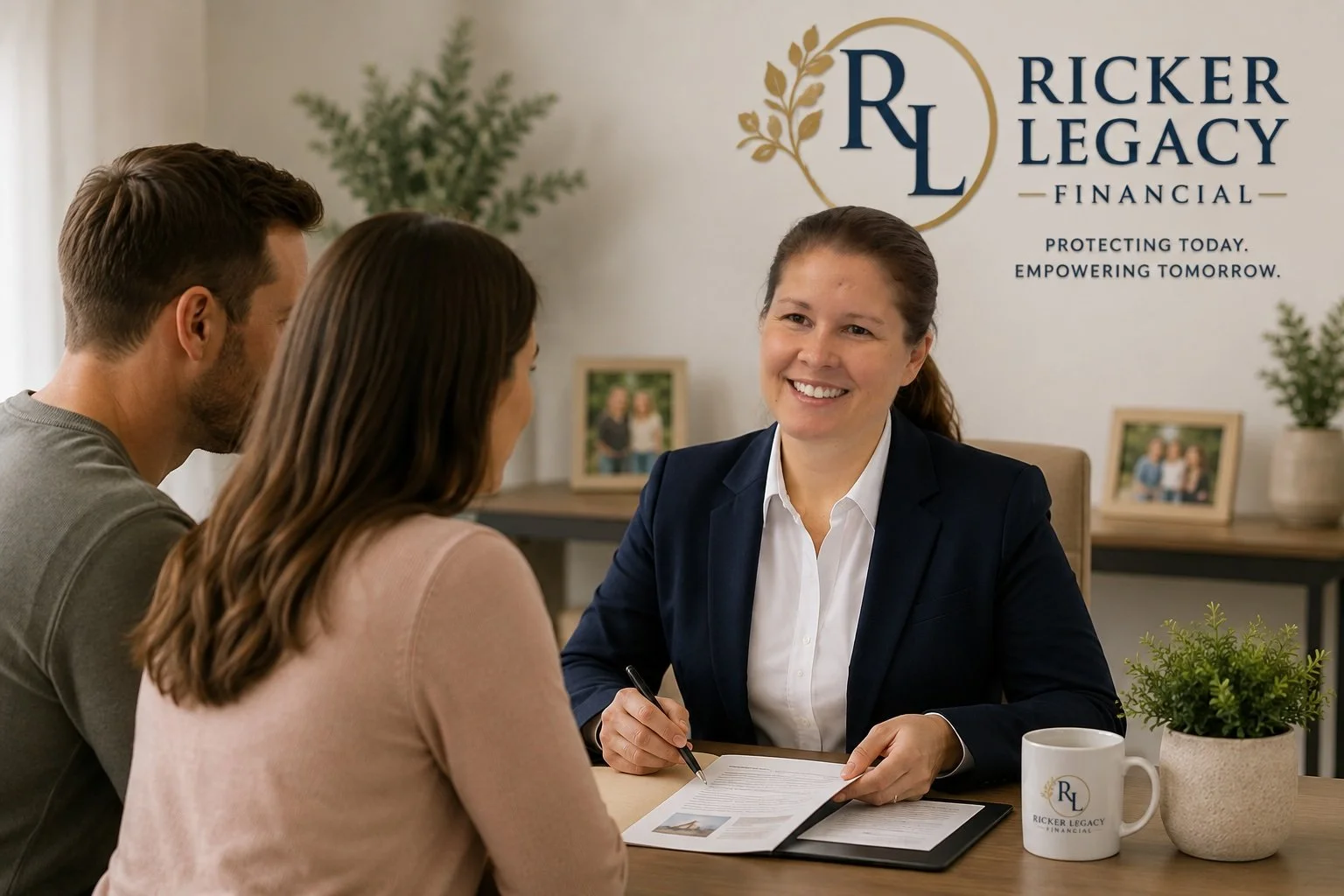 A woman financial advisor in a navy blazer smiling while sitting across from a couple at a meeting table, with the Ricker Legacy Financial logo and framed photos in the background.
